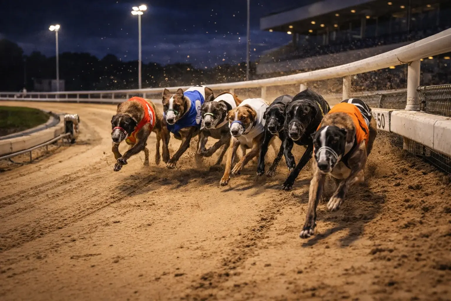 Greyhounds racing around the first bend showing early pace positioning