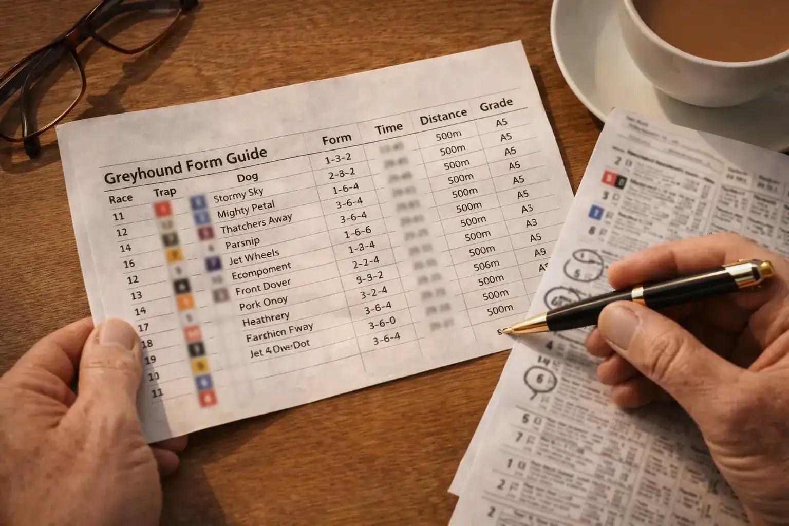 Racing form guide and racecard showing trap numbers and calculated times
