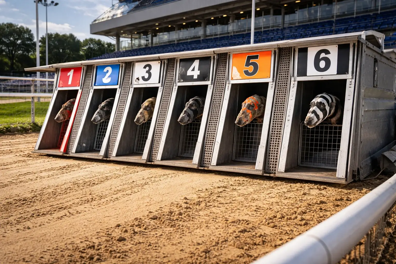 Six greyhound starting traps with coloured racing jackets at the starting line