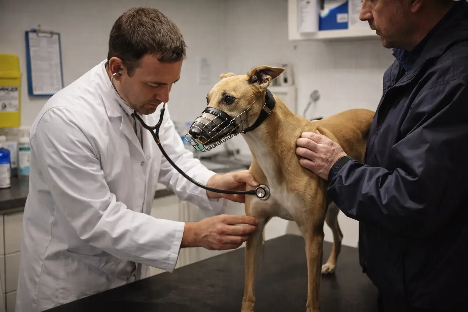 Veterinary professional examining a greyhound before racing at GBGB track