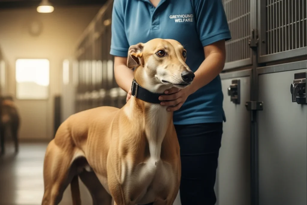 Healthy greyhound with handler at UK racing kennels