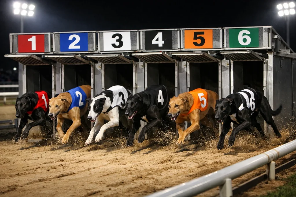 Greyhound sprinters bursting from traps at Oxford Stadium 250m start