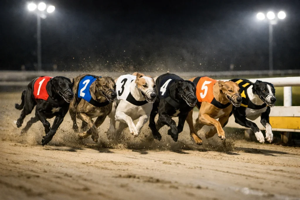 Greyhounds racing the standard 450m distance at Oxford Stadium