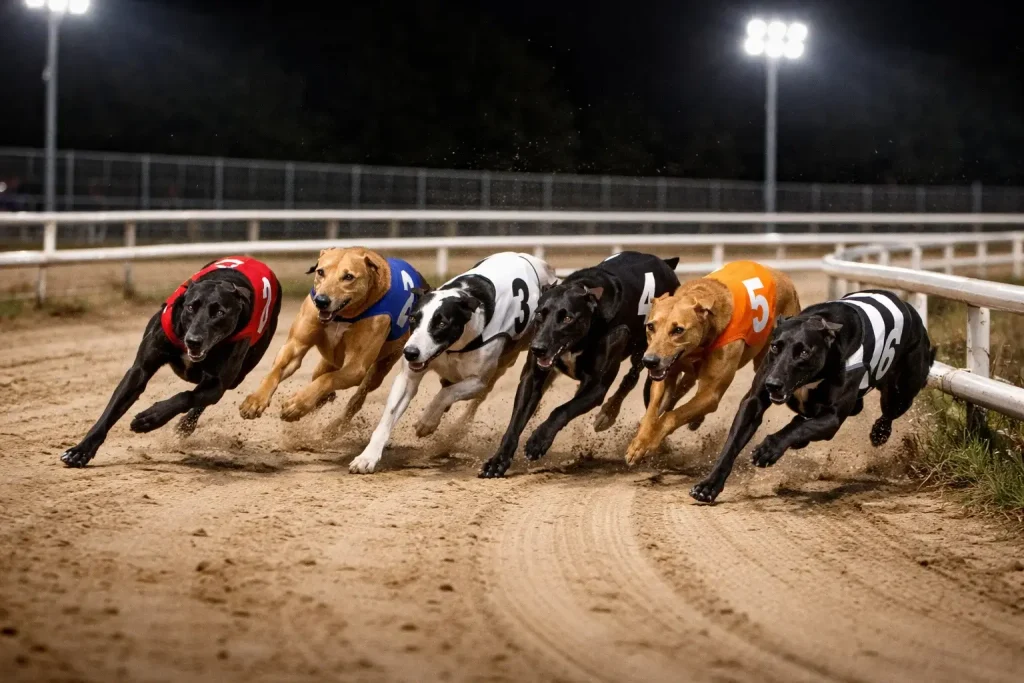 Greyhounds racing on the middle distance course at Oxford Stadium