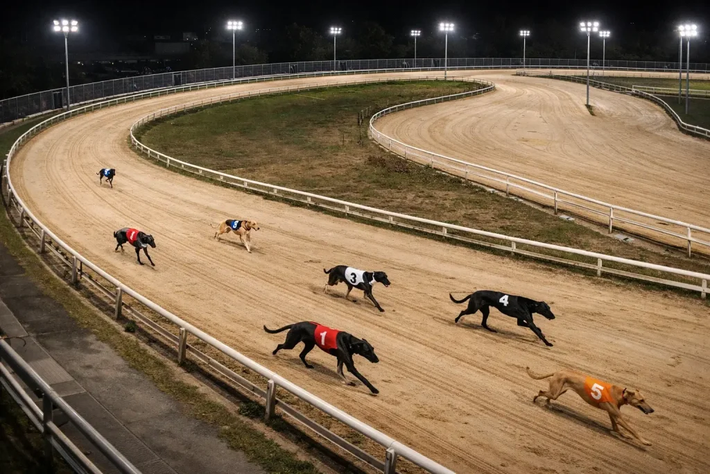 Greyhound stayers competing over long distance at Oxford Stadium