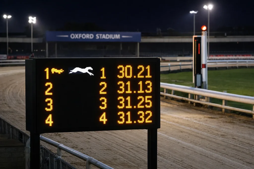Greyhound racing timing display showing calculated and actual times at Oxford Stadium