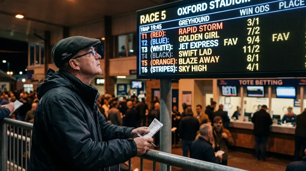 Betting odds display showing favourite pricing at Oxford Stadium greyhound racing