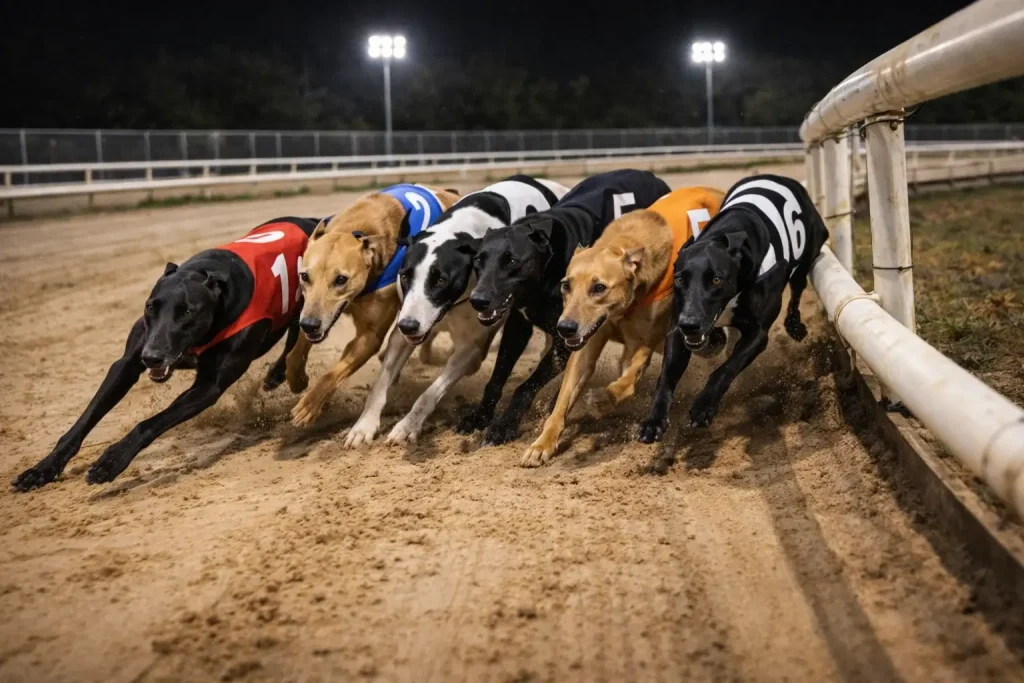Greyhounds approaching first bend at Oxford Stadium racing for position