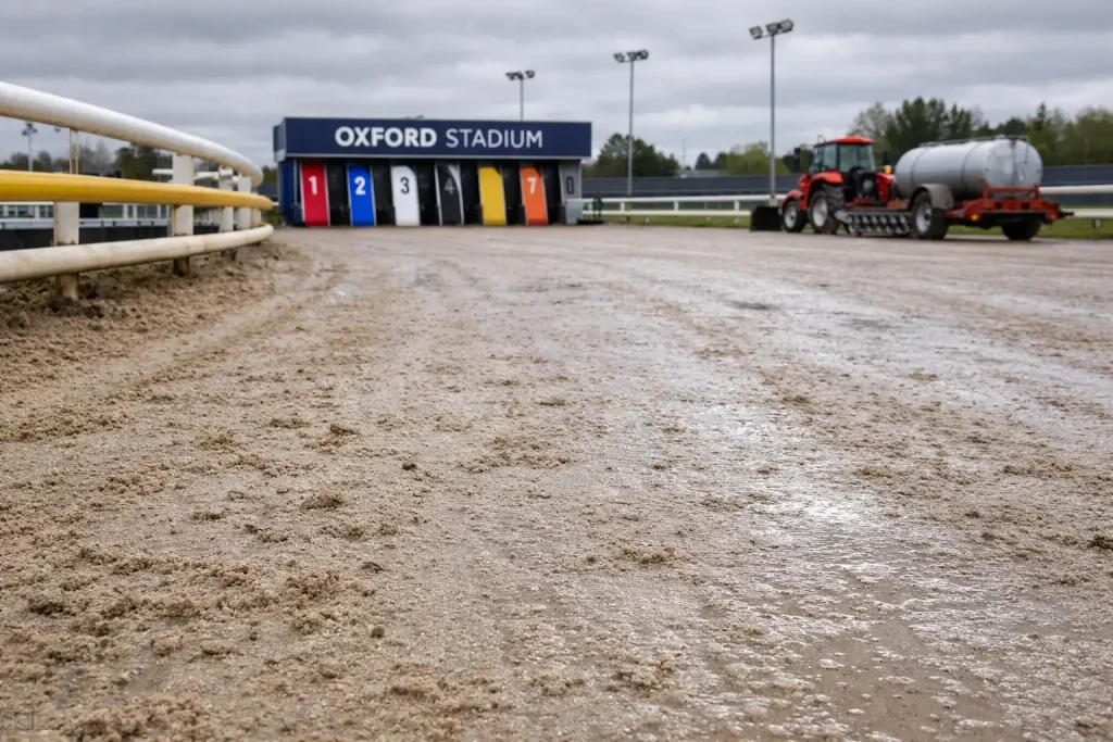 Sandy greyhound track surface at Oxford Stadium showing weather conditions