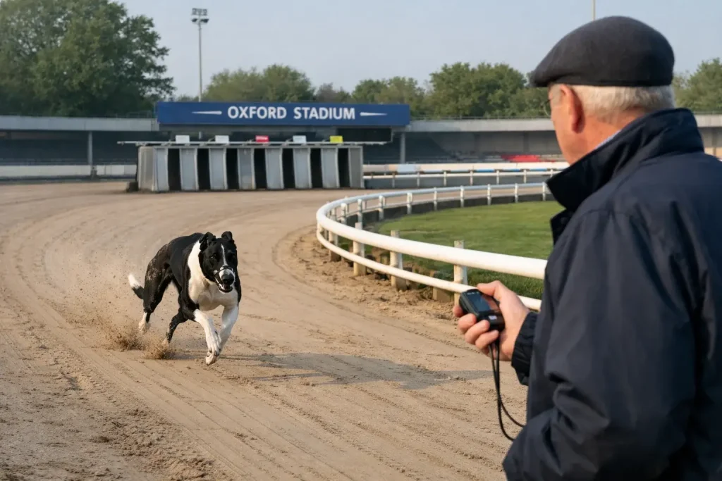 Greyhound being timed during trial run at Oxford Stadium