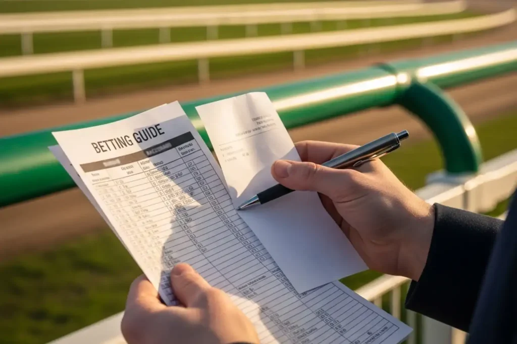 Punter with betting slip studying greyhound racing form