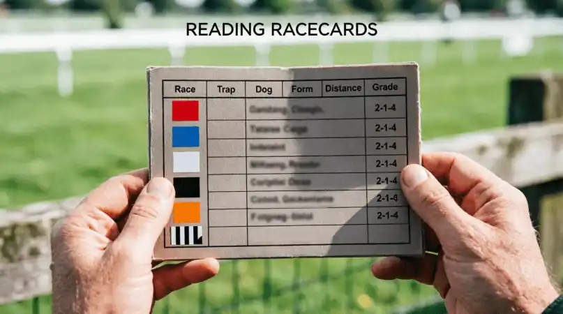 Oxford greyhound racecard with trap numbers and form data