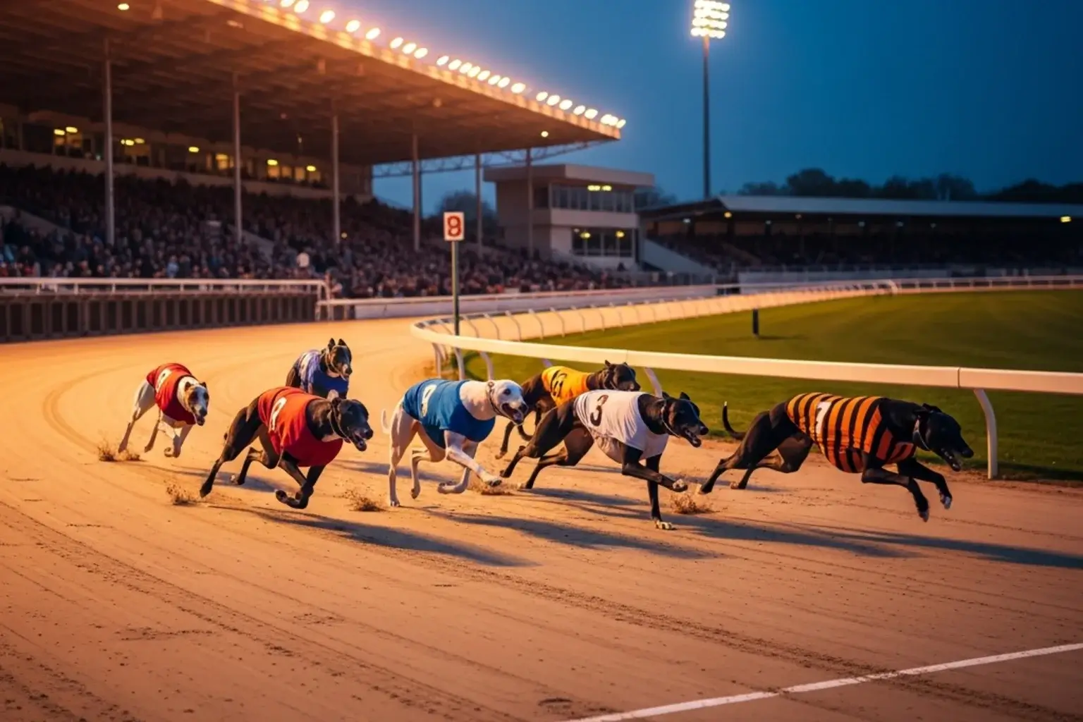 Oxford Stadium greyhound racing track at Sandy Lane with dogs racing under floodlights