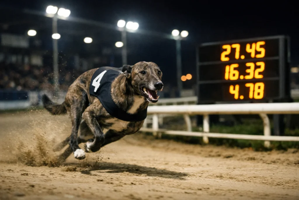 Greyhound racing at Oxford Stadium with digital timing display showing sectional splits