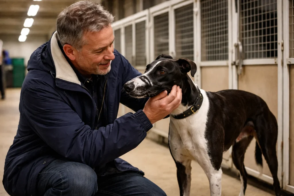 Greyhound trainer with racing dog at Oxford Stadium kennels