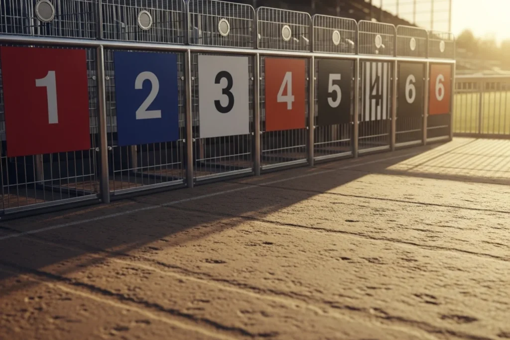 Six greyhound starting traps at Oxford Stadium racing track