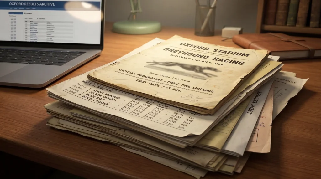 Historical racing programme and results documents from Oxford Stadium