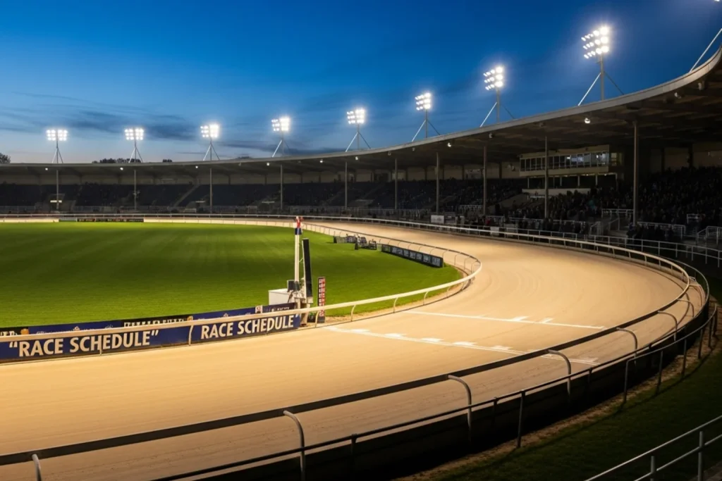 Oxford Stadium greyhound racing under floodlights at evening meeting